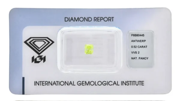 0,52 Carat Fancy Yellow Green Diamant Radiant Cut IGI zertifiziert