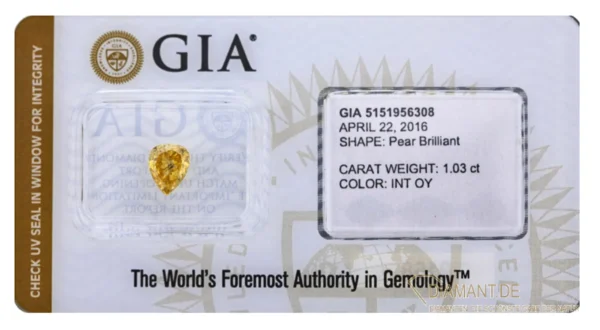 1,03 Carat Fancy Intense Orangy Yellow Diamant Pear Brilliant GIA zertifiziert